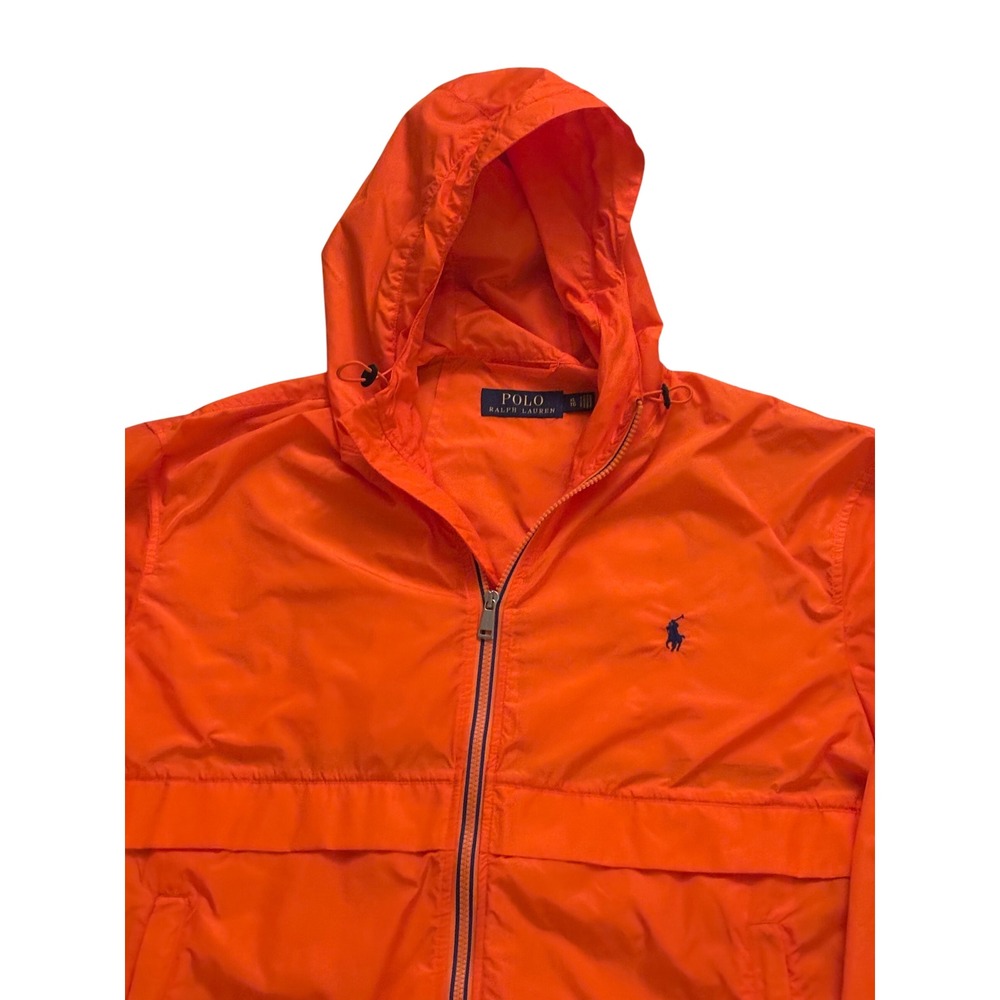 Polo Ralph Lauren Mens XL Orange Hooded Full Zip Windbreaker Jacket Navy Pony